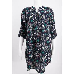 Jessy B Womens Tunic Top Dress 1X Floral Cottagecore Navy Blue Roll tab New